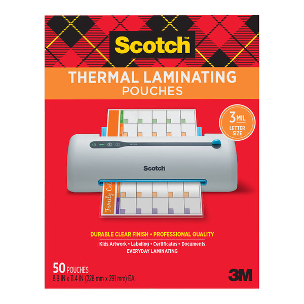 A package of 3M Scotch thermal laminating pouches on a counter.