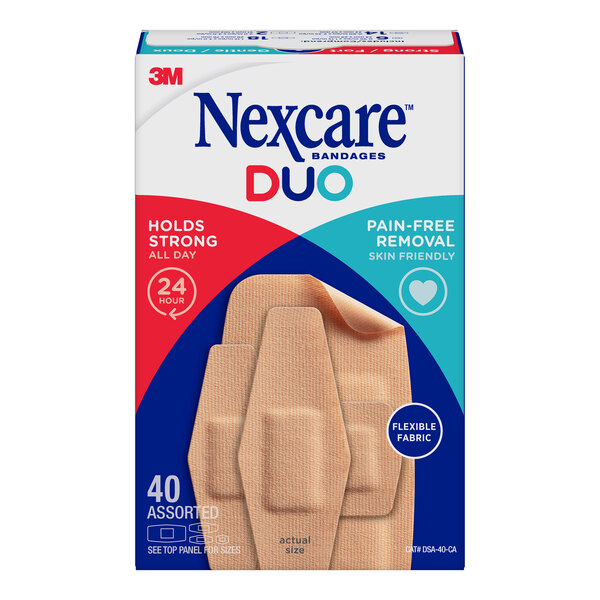 A close-up of a box of 3M Nexcare DUO assorted bandages.