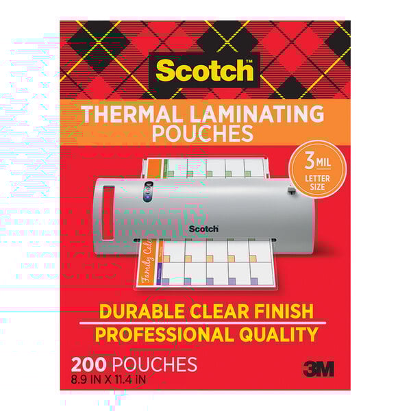 A package of 3M Scotch thermal laminating pouches with black and yellow text.