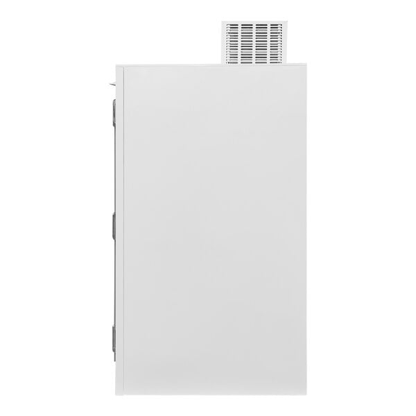 A white rectangular Leer outdoor refrigerator with steel doors and a black handle.