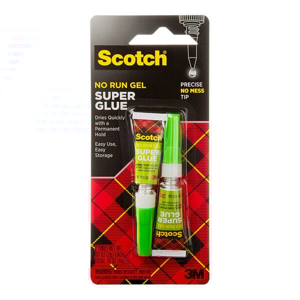 A package of 3M Scotch No-Run Gel Super Glue with green tubes.