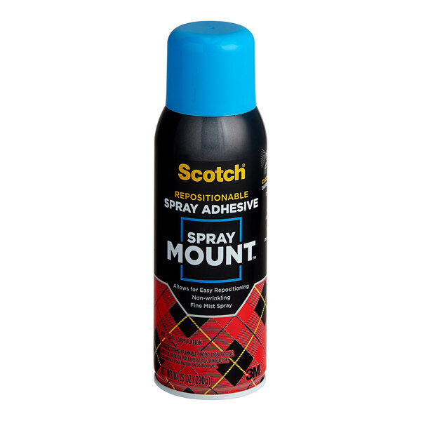 A black can of 3M Scotch Spray Mount repositionable spray adhesive with white text.