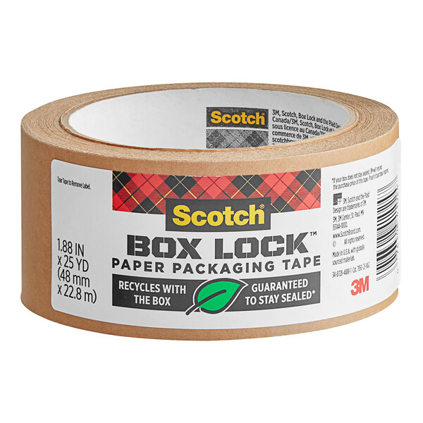 A roll of 3M Scotch Box Lock brown paper packaging tape with a label.