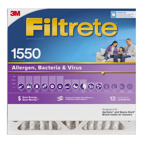 A box of 3M Filtrete 20" x 20" x 4" MPR 1550 Ultra Allergen Reduction Deep Pleat air filters.