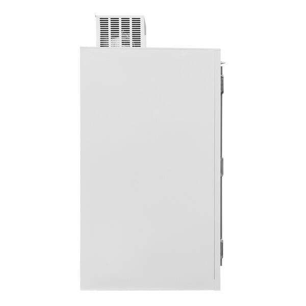 A white rectangular Leer outdoor refrigerator with steel doors and a vent.