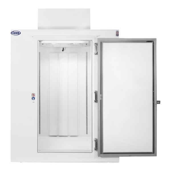 A white reach-in freezer with steel doors open.