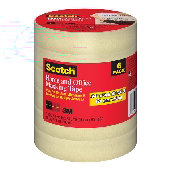 A package of 6 rolls of 3M Scotch white home and office masking tape.