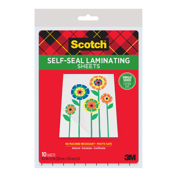 A package of 3M Scotch self-sealing laminating pouches.