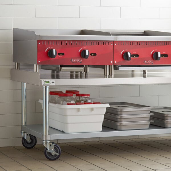 A Regency stainless steel equipment stand with a galvanized undershelf and casters.