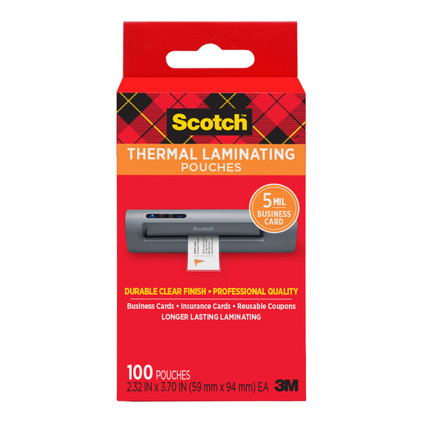 A package of 3M Scotch thermal laminating pouches.