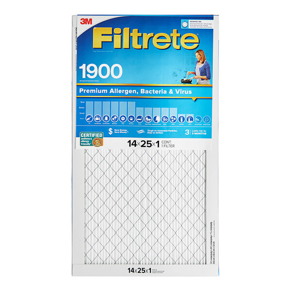A box of 3M Filtrete MPR 1900 air filters with yellow lettering on the filter.