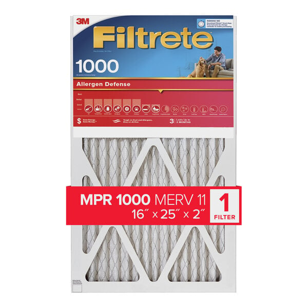 A white 3M Filtrete MPR 1000 pleated air filter.