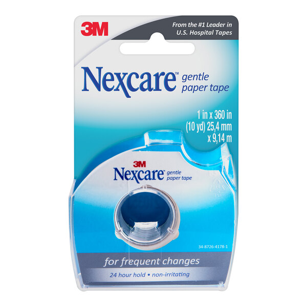 A blue and white package of 3M Nexcare™ white paper tape with dispenser.