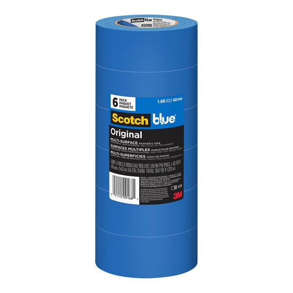 A blue container of 6 rolls of 3M ScotchBlue™ Painter's Tape with black text and labels.