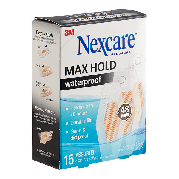 A box of 15 3M Nexcare Max Hold clear waterproof bandages.