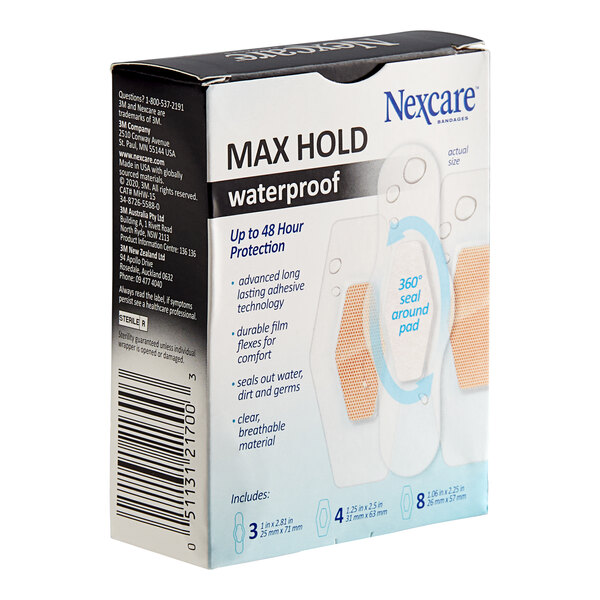 A box of 3M Nexcare Max Hold waterproof bandages with assorted clear pads.