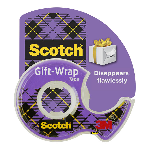 A white and purple 3M Scotch gift-wrap tape dispenser.