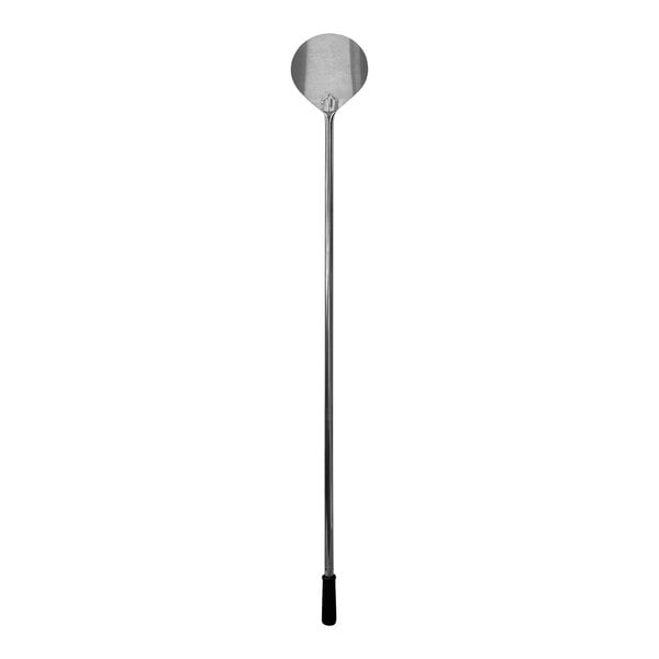 A long silver metal pizza peel with a black handle.