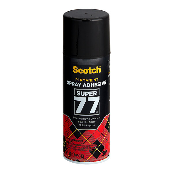 A black 3M Scotch Super 77 spray adhesive can with white and yellow text.