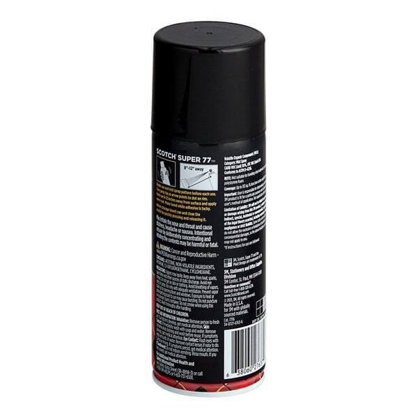 A black can of 3M Scotch™ Super 77™ Multipurpose Spray Adhesive with white text and a black label.