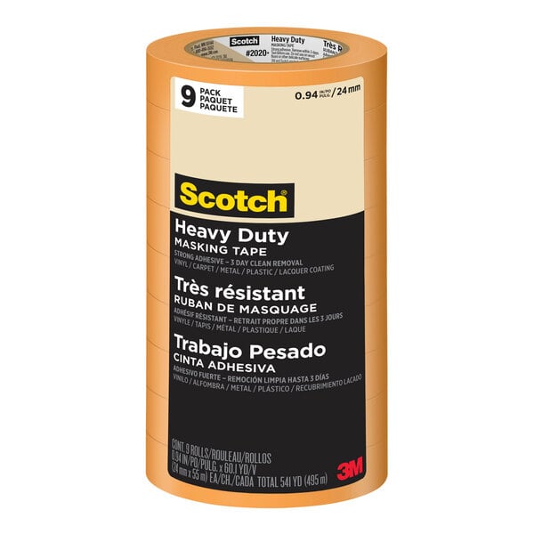 A pack of 9 rolls of 3M Scotch heavy-duty masking tape.