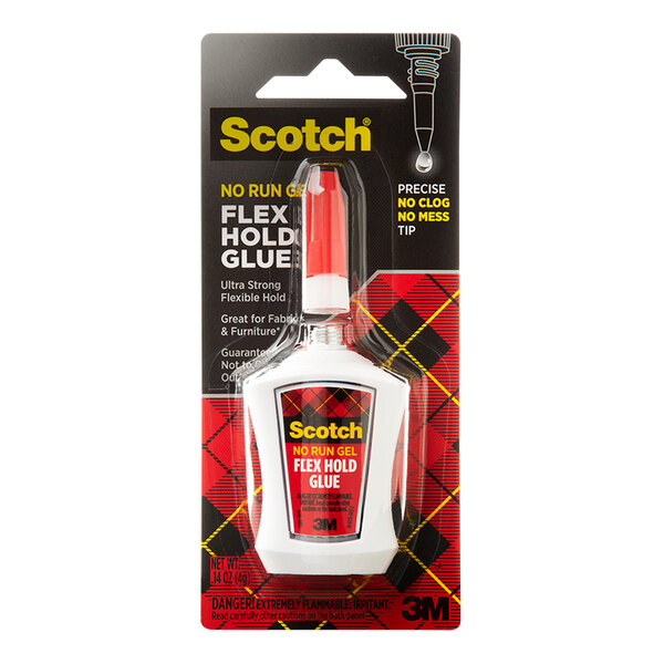 A white bottle of 3M Scotch No Run Gel Flex Hold Glue in a package.