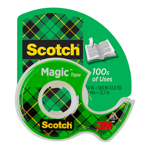 A green and clear package of Scotch Magic tape with a dispenser.