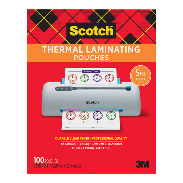 A package of 3M Scotch thermal laminating pouches on a counter.