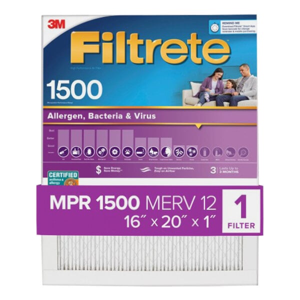 A box of a 3M Filtrete air filter for allergens, bacteria, and viruses.