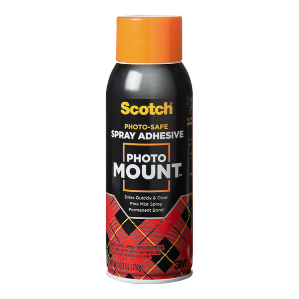 A black can of 3M Scotch Photo Mount spray adhesive with white text.