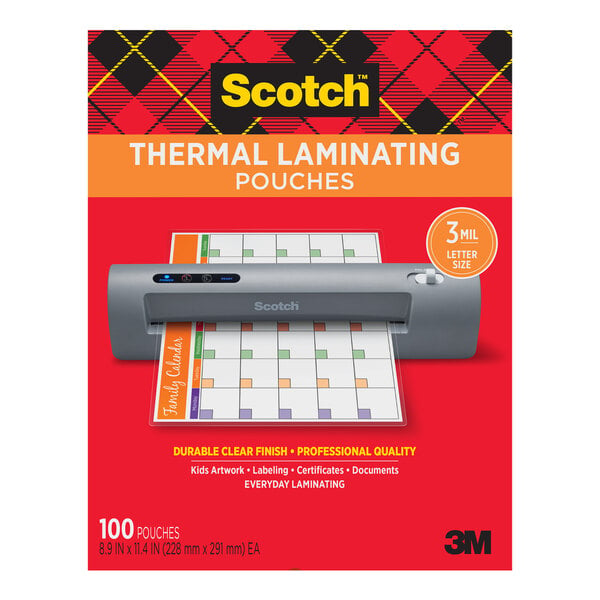 A package of 3M Scotch thermal laminating pouches.