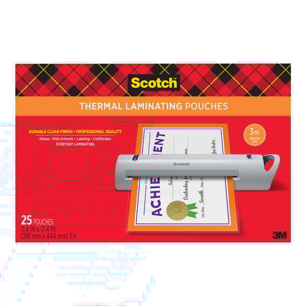 A package of 3M Scotch thermal laminating pouches on a counter.