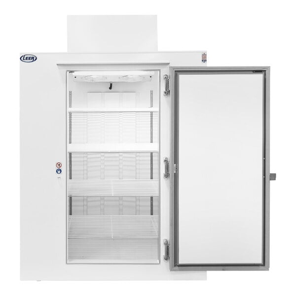 A white reach-in refrigerator with steel doors open.