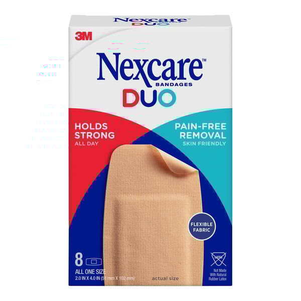 A box of 3M Nexcare DUO Knee and Elbow bandages on a white background.
