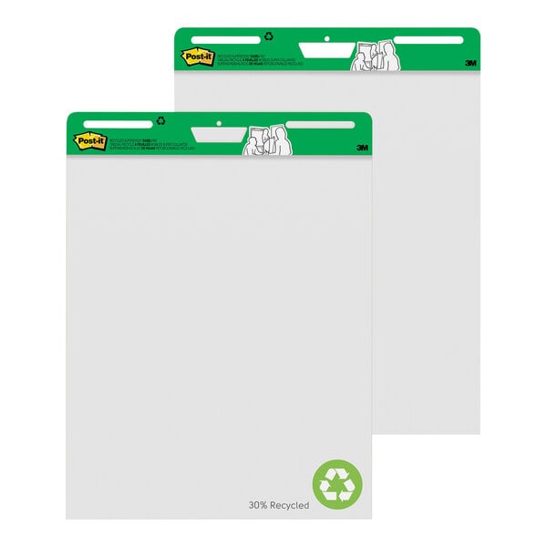 Two 3M Post-It white and green rectangular easel pads with green recycle symbols.