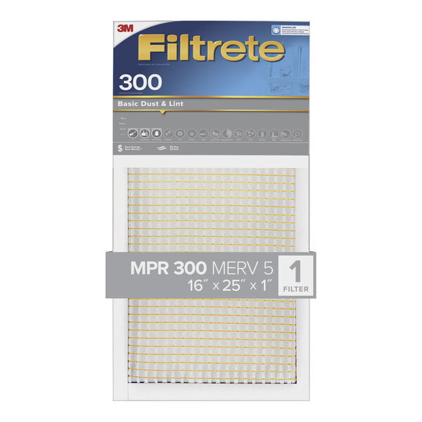 A 3M Filtrete MPR 300 air filter with a blue and gold logo on a white background.