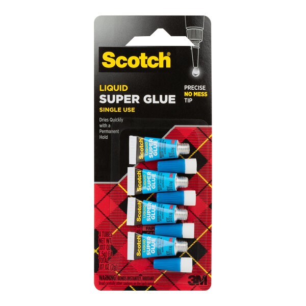 A package of 3 blue 3M Scotch liquid super glue tubes with white caps.