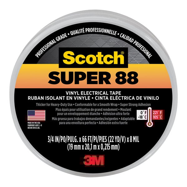 A close up of a roll of 3M Scotch Super 88 black heavy-duty vinyl electrical tape.
