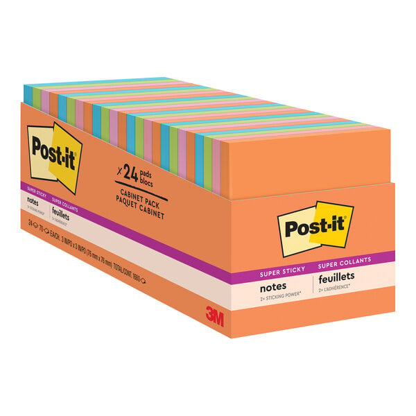 A box of 24 3M Post-It Energy Boost Collection sticky note pads in assorted bright colors.