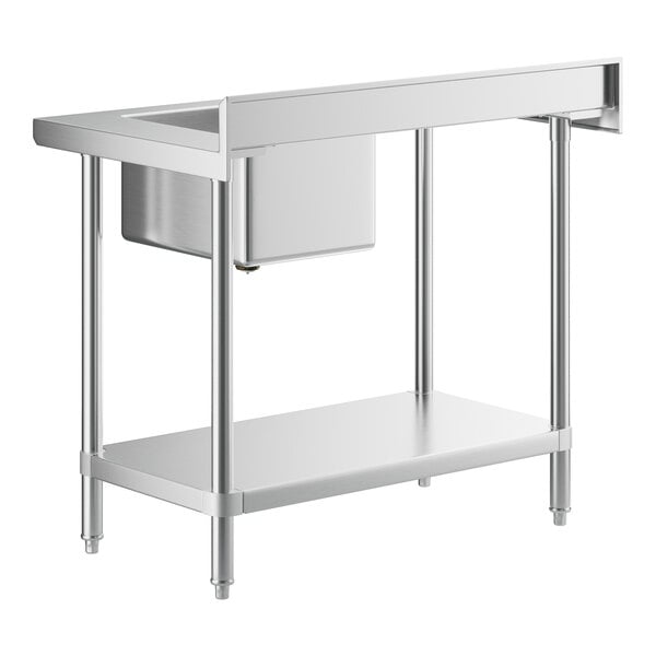 A Regency stainless steel work table with a sink on the right.