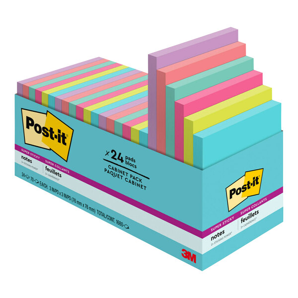 A box of 24 Post-It Super Sticky Notes in assorted neon colors.