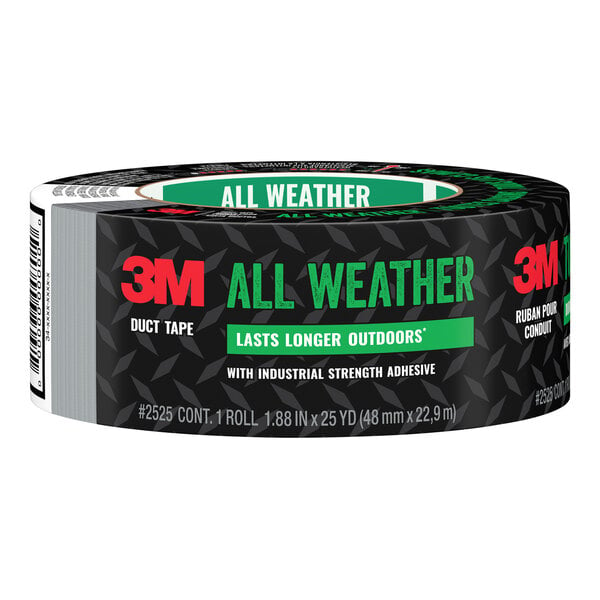 A roll of 3M Scotch Gray All Weather Duct Tape with text on it.