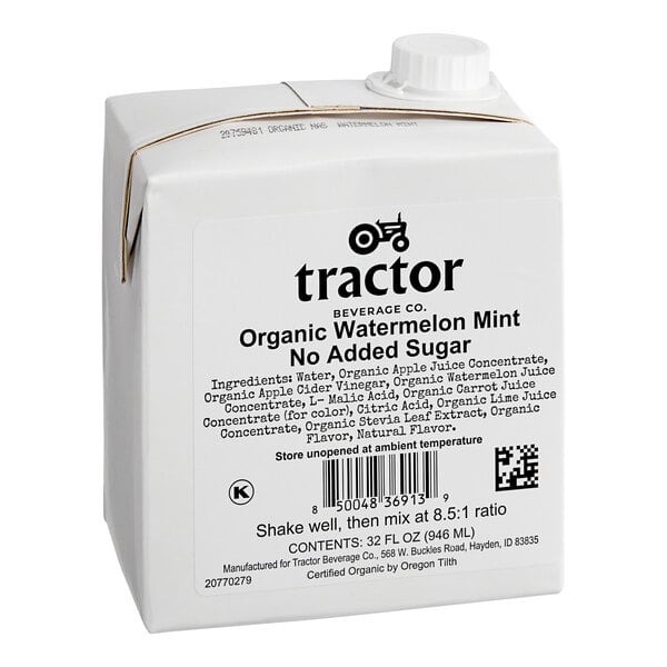 A white Tractor Beverage Co. carton of organic watermelon mint NSA beverage concentrate.