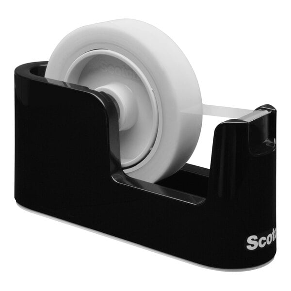 A 3M Scotch black tape dispenser with a white tape roll in it.