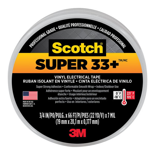 A roll of 3M Scotch Super 33+ black vinyl electrical tape.