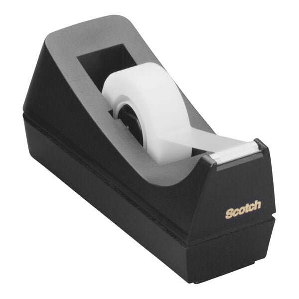 A black 3M Scotch desktop tape dispenser with a white tape in it.