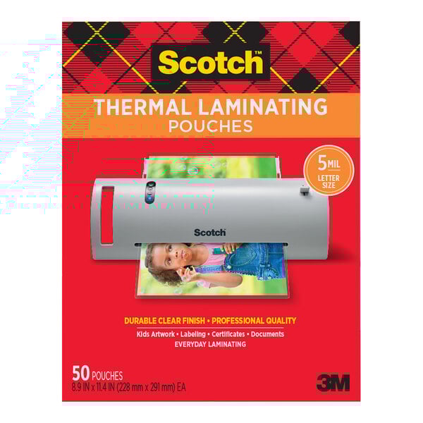 A package of 3M Scotch thermal laminating pouches.