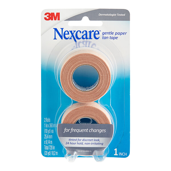 A package of 2 tan 1-inch wide rolls of Nexcare paper first aid tape.