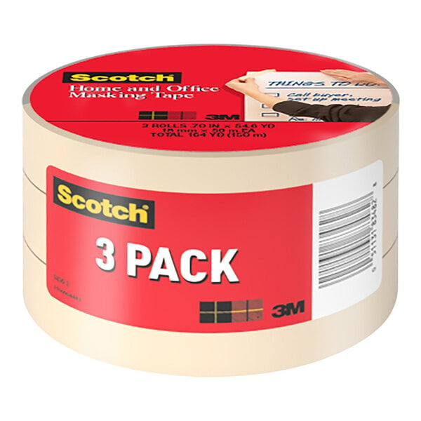 A box of three rolls of 3M Scotch Home and Office masking tape with a red label.