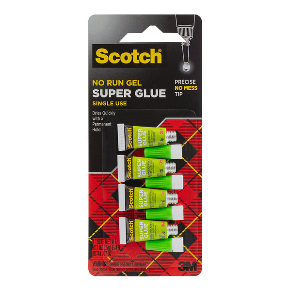 A package of 3 green and white 3M Scotch No Run Single-Use Gel Super Glue tubes.